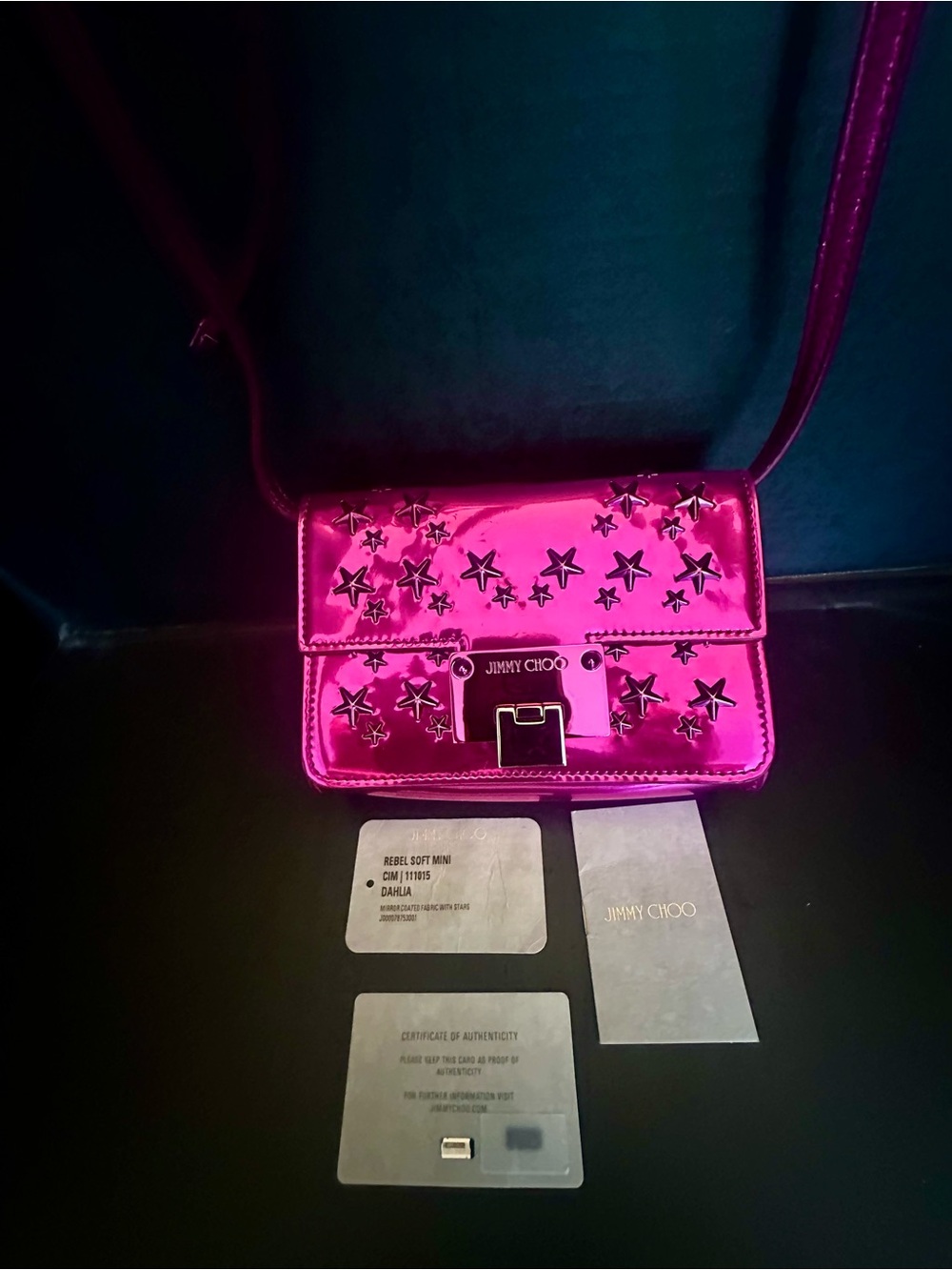 Jimmy Choo Metallic Fuchsia Star-Studded Crossbody Bag authentic